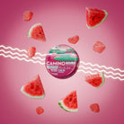 Watermelon-flavored hemp gummies and fruit slices on pink background, highlighting USA-made, lab-verified, discreet shipping.