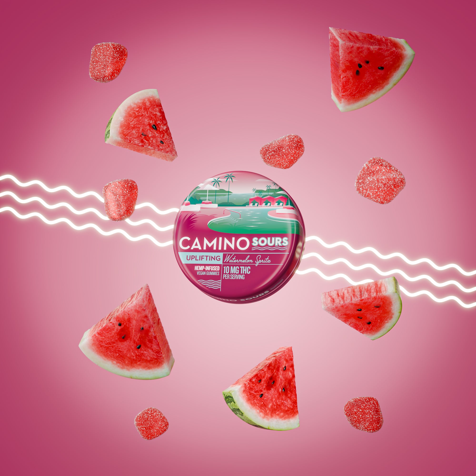 Watermelon-flavored hemp gummies and fruit slices on pink background, highlighting USA-made, lab-verified, discreet shipping.