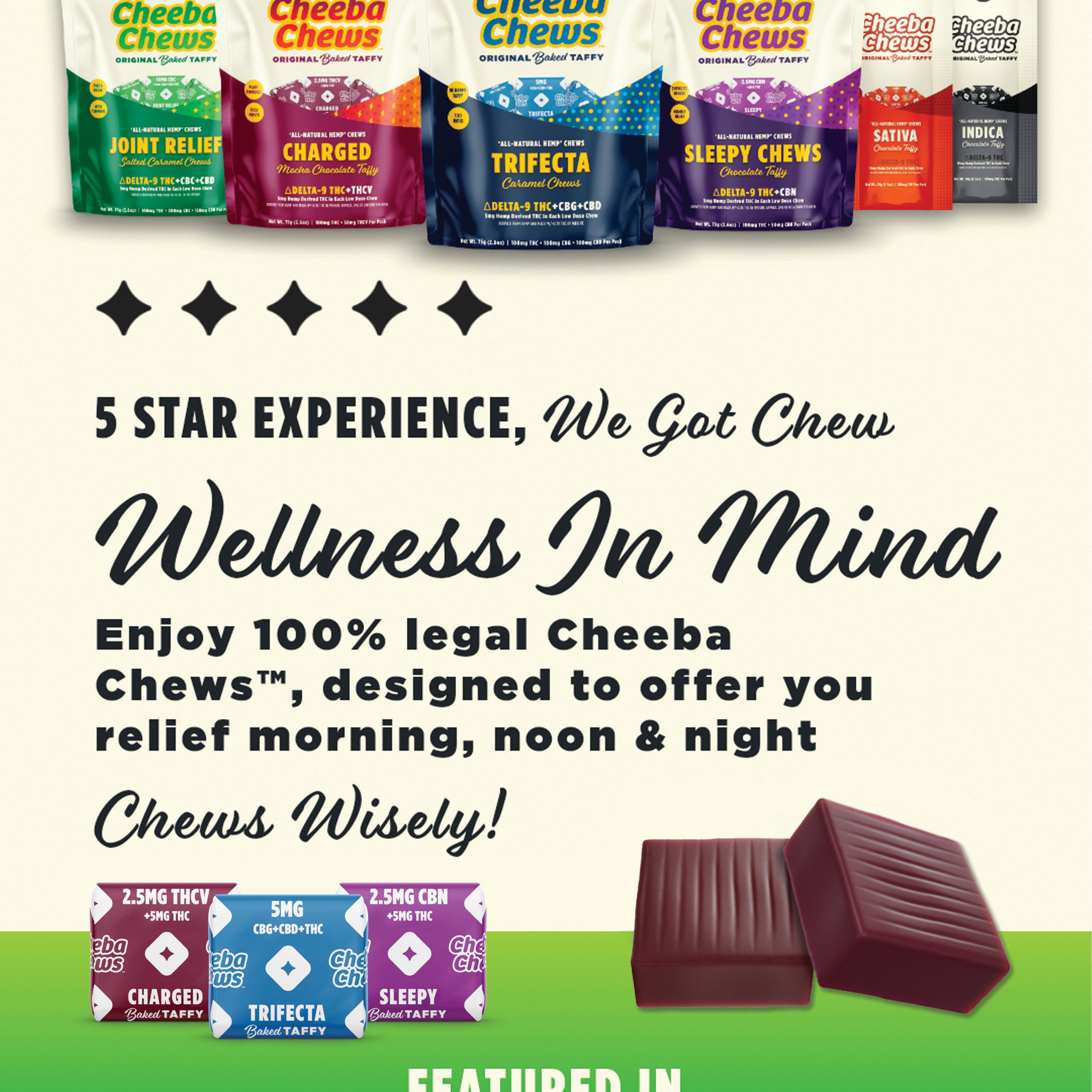 Cheeba Chews Trifecta bag showcasing 50mg edibles designed for wellness, featuring various flavors for all-day relief.