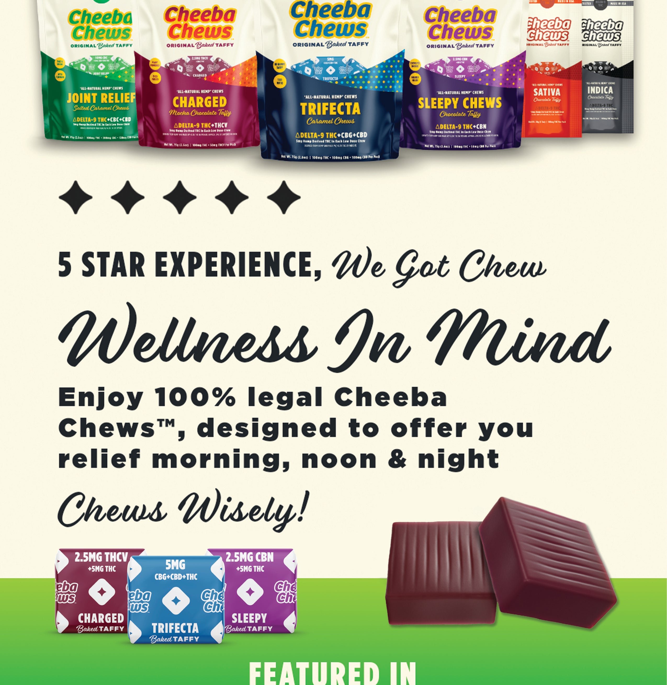 Cheeba Chews Trifecta bag showcasing 50mg edibles designed for wellness, featuring various flavors for all-day relief.