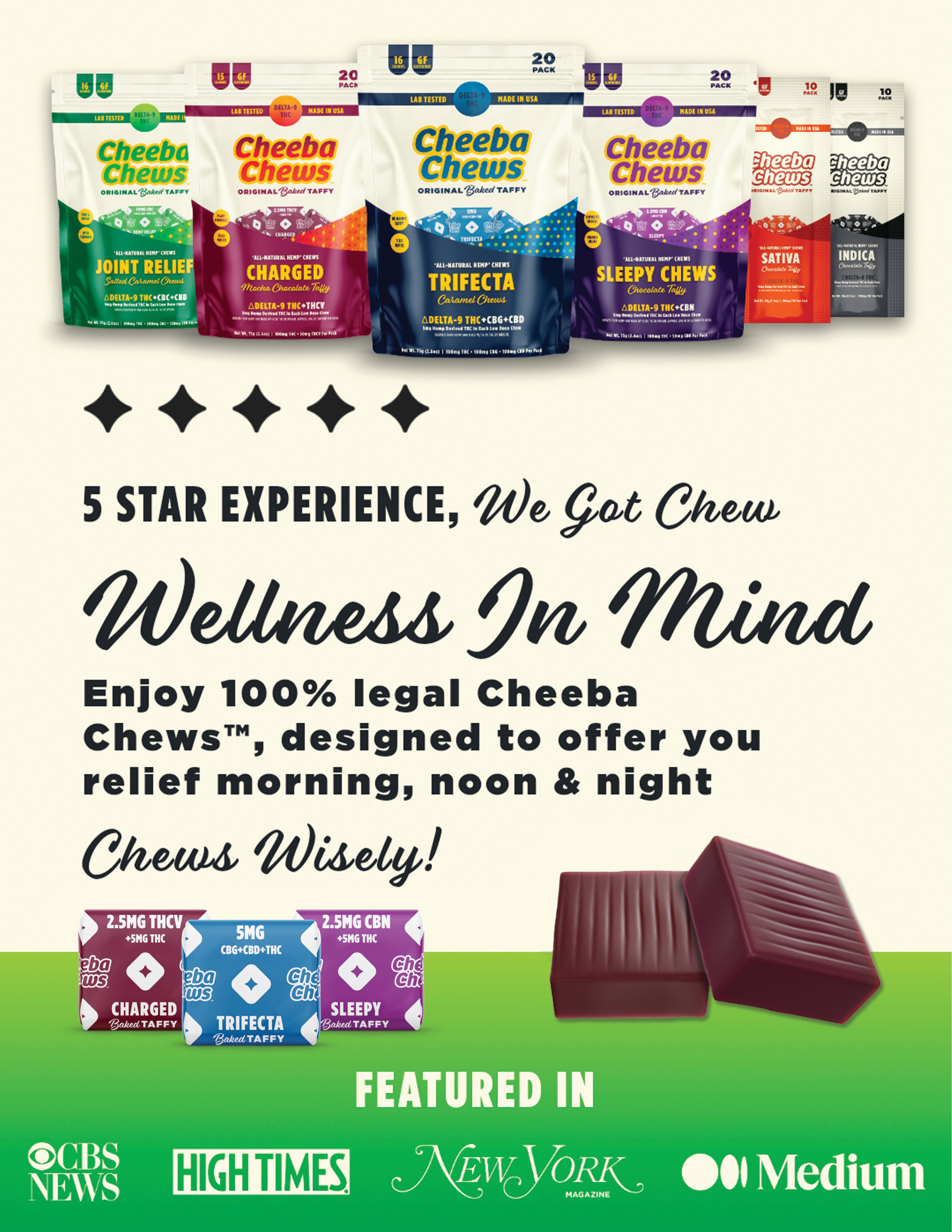 Cheeba Chews Trifecta bag showcasing 50mg edibles designed for wellness, featuring various flavors for all-day relief.