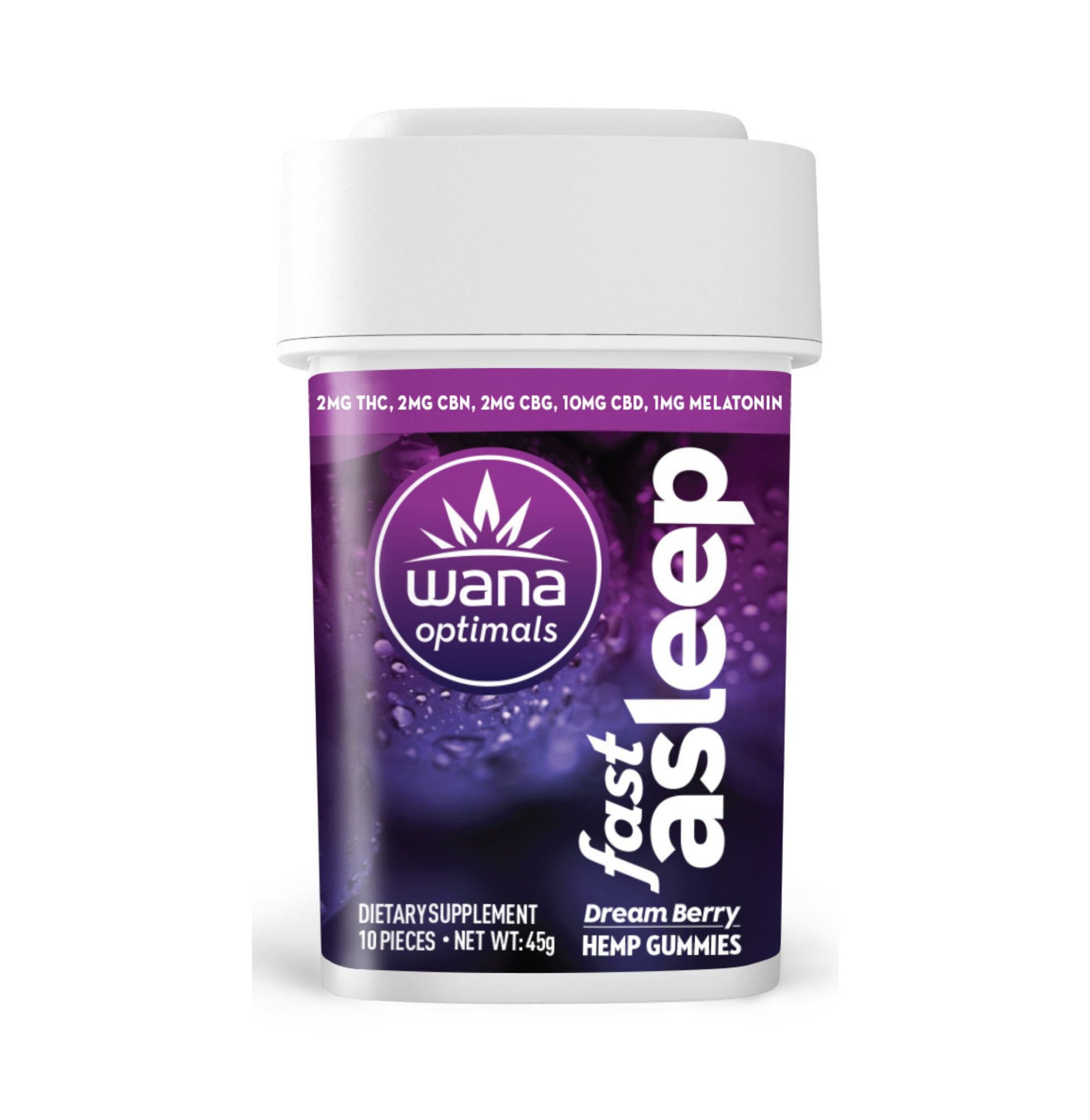 Wana Optimals Fast Asleep hemp gummies bottle featuring Dream Berry flavor, with 2mg THC, CBN, CBG, 10mg CBD, and 1mg melatonin.