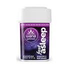 Wana Optimals Fast Asleep hemp gummies bottle featuring Dream Berry flavor, with 2mg THC, CBN, CBG, 10mg CBD, and 1mg melatonin.