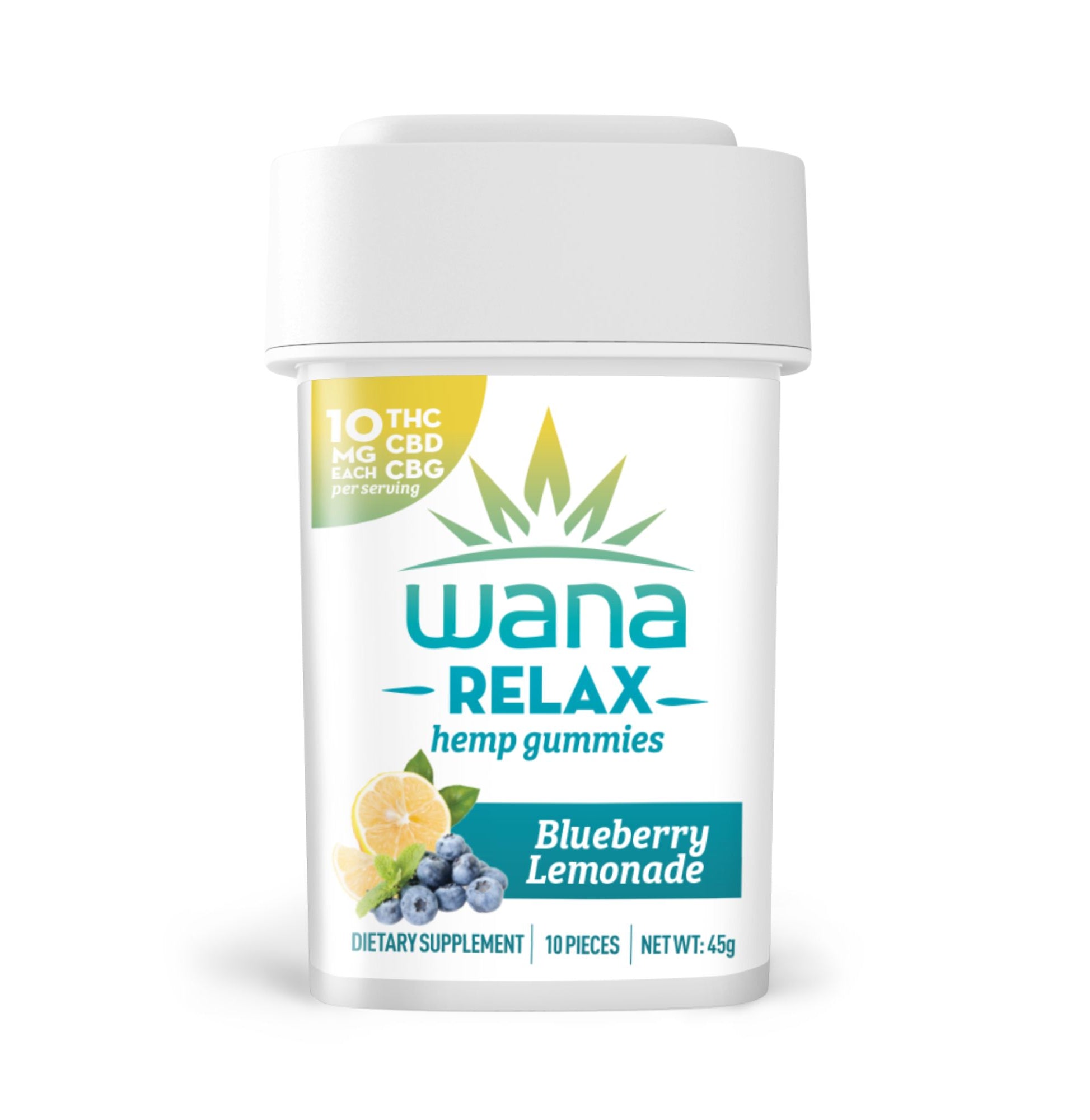 Wana Relax Blueberry Lemonade hemp gummies container featuring 10 gummies, each with 10 mg CBD and CBG.