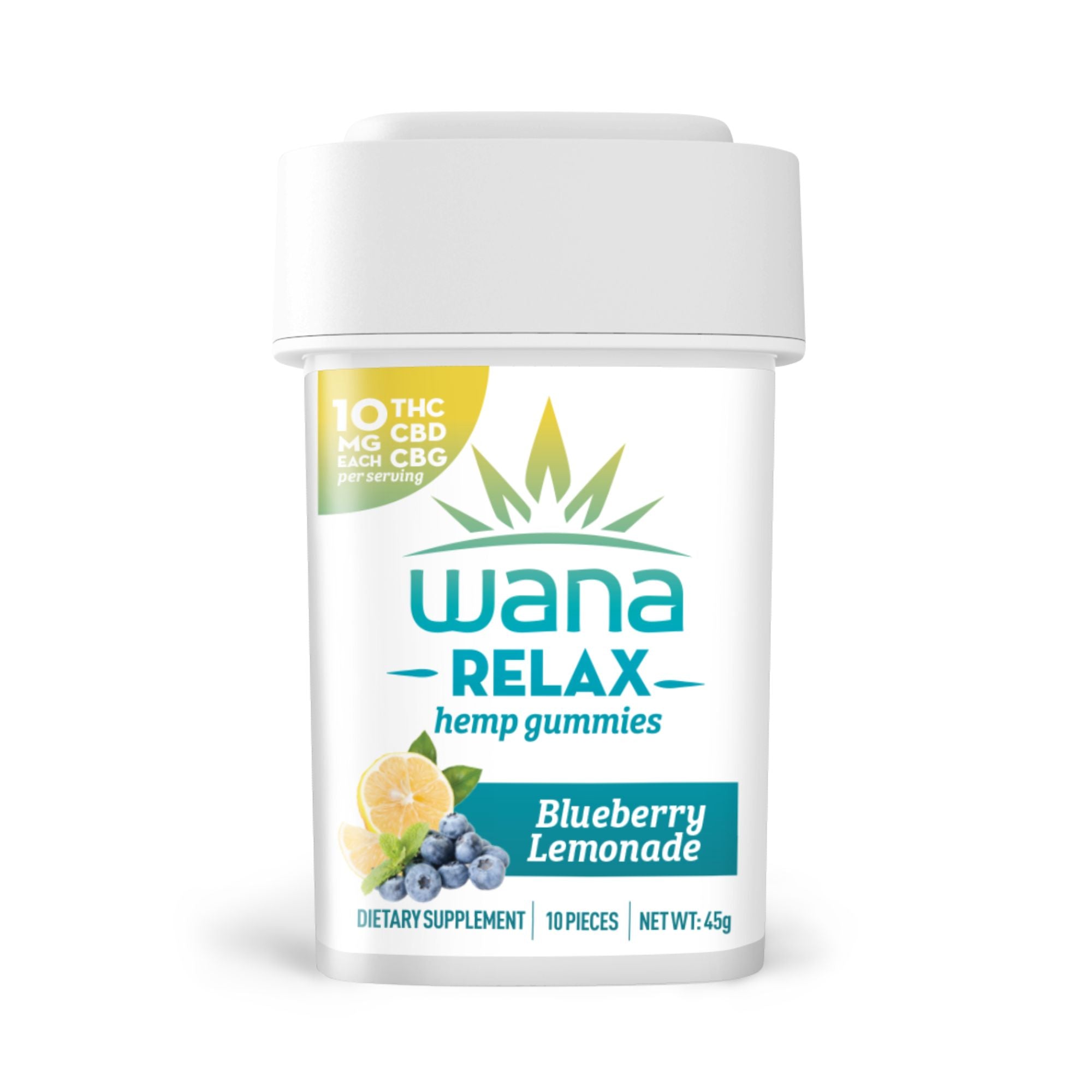 Wana Relax Blueberry Lemonade hemp gummies container featuring 10 gummies, each with 10 mg CBD and CBG.