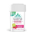 Wana Inspire Raspberry Limeade hemp gummies container featuring 10mg THC and CBD per serving, 10 pieces total.