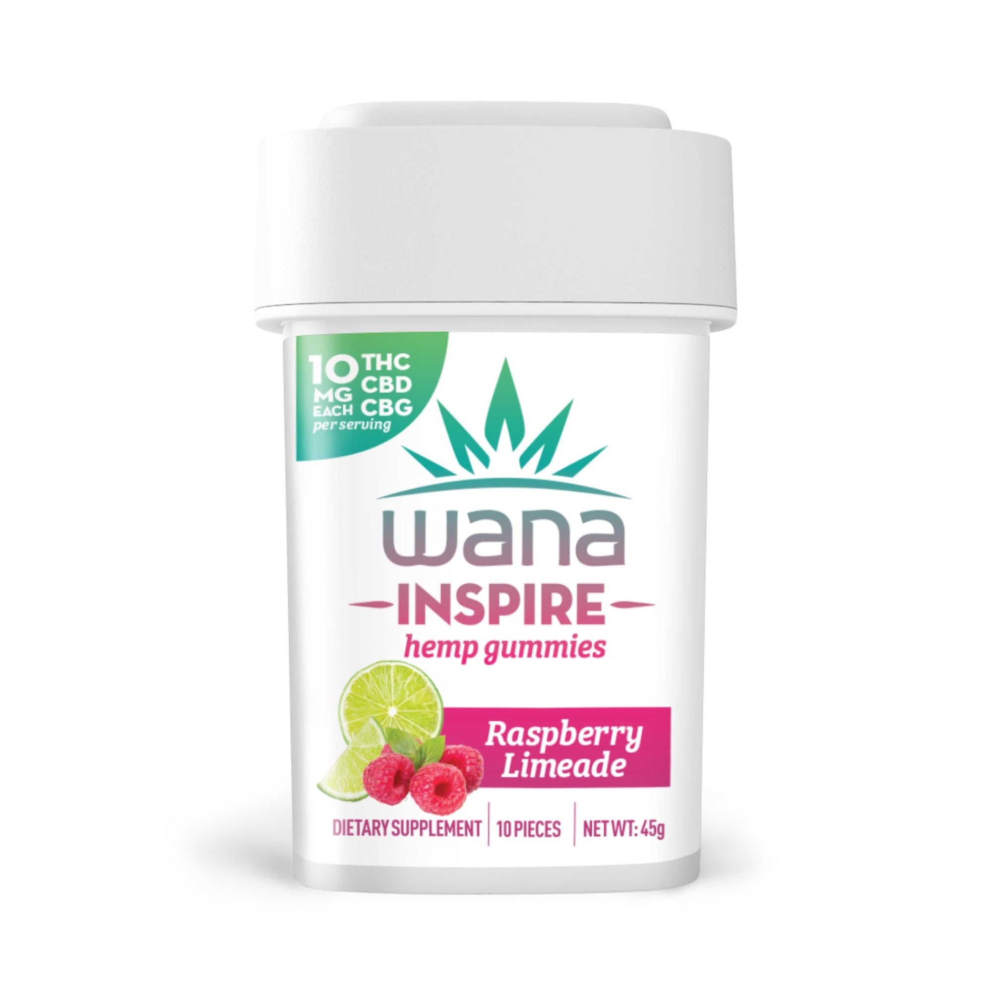 Wana Inspire Raspberry Limeade hemp gummies container featuring 10mg THC and CBD per serving, 10 pieces total.