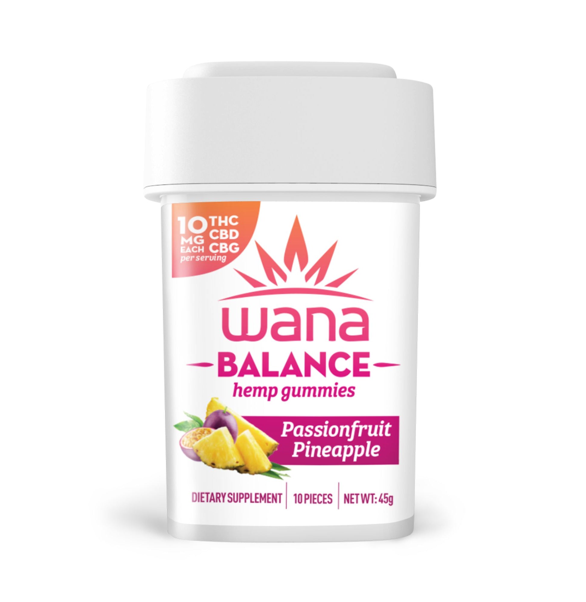 Wana Balance Passionfruit Pineapple hemp gummies container, featuring 10mg THC and CBD per serving, dietary supplement.