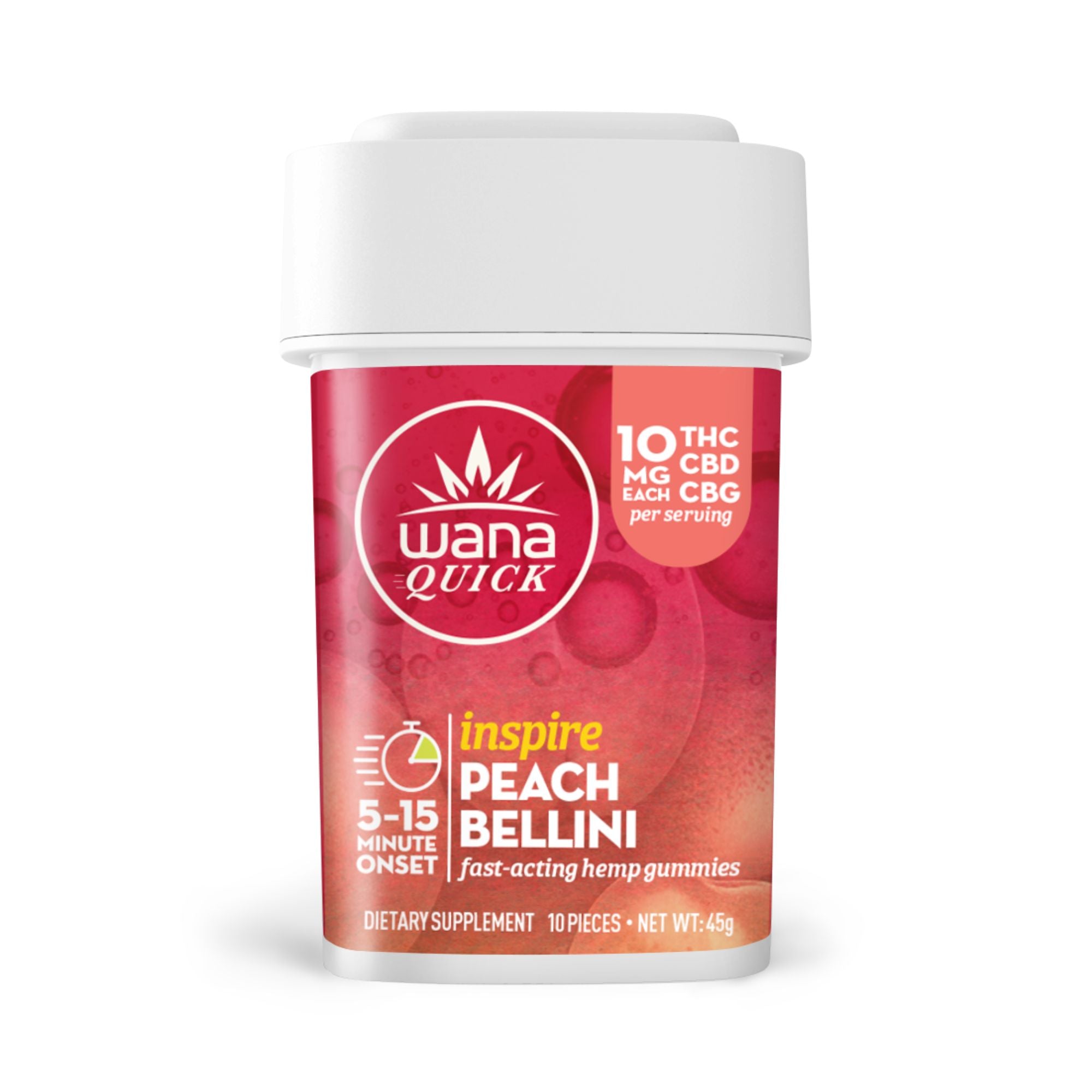 Wana Quick Inspire Peach Bellini gummies with 10 mg THC and CBG per serving for fast-acting hemp benefits.