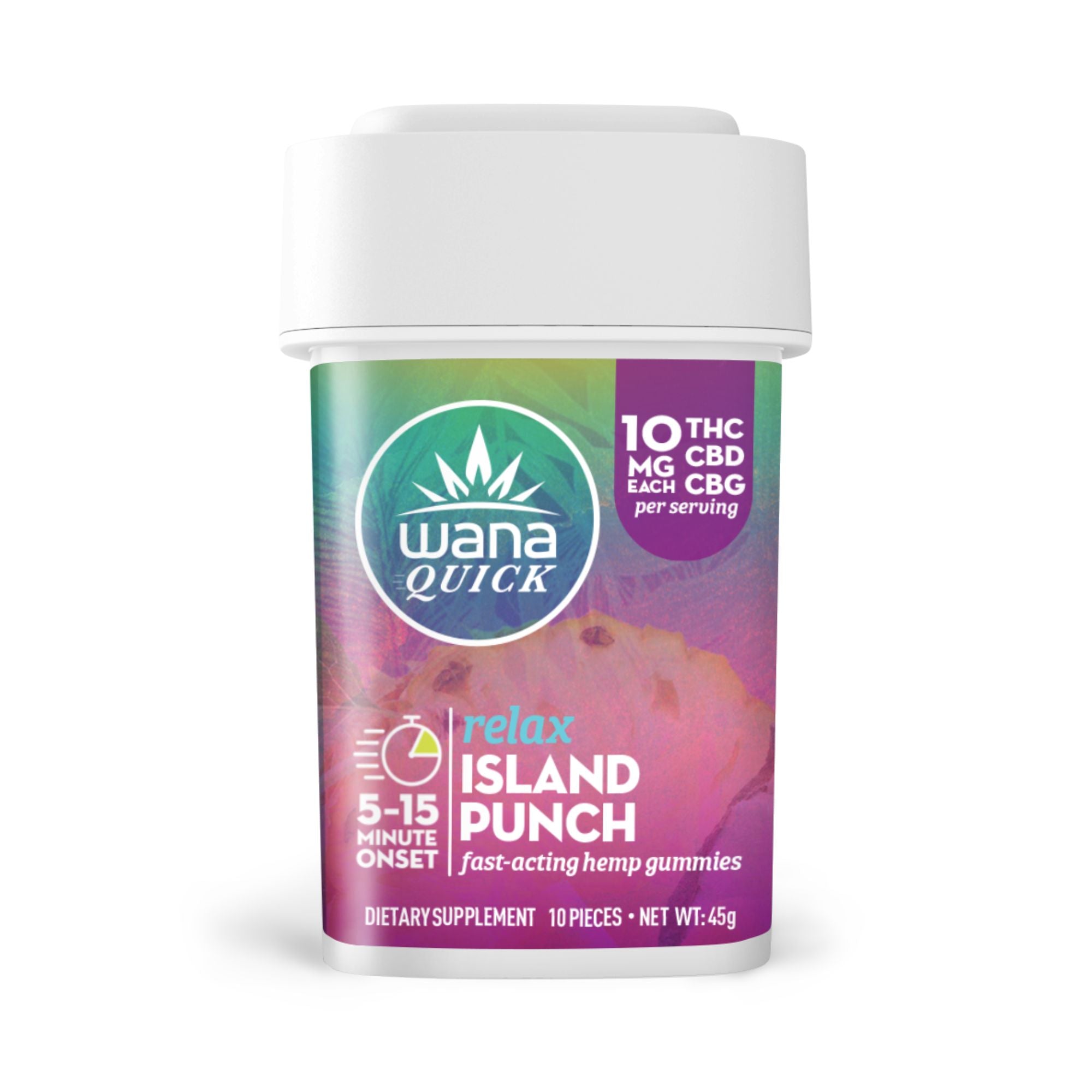Wana Quick Relax Island Punch gummies package featuring 10 mg THC and CBG per serving for fast-acting relaxation.