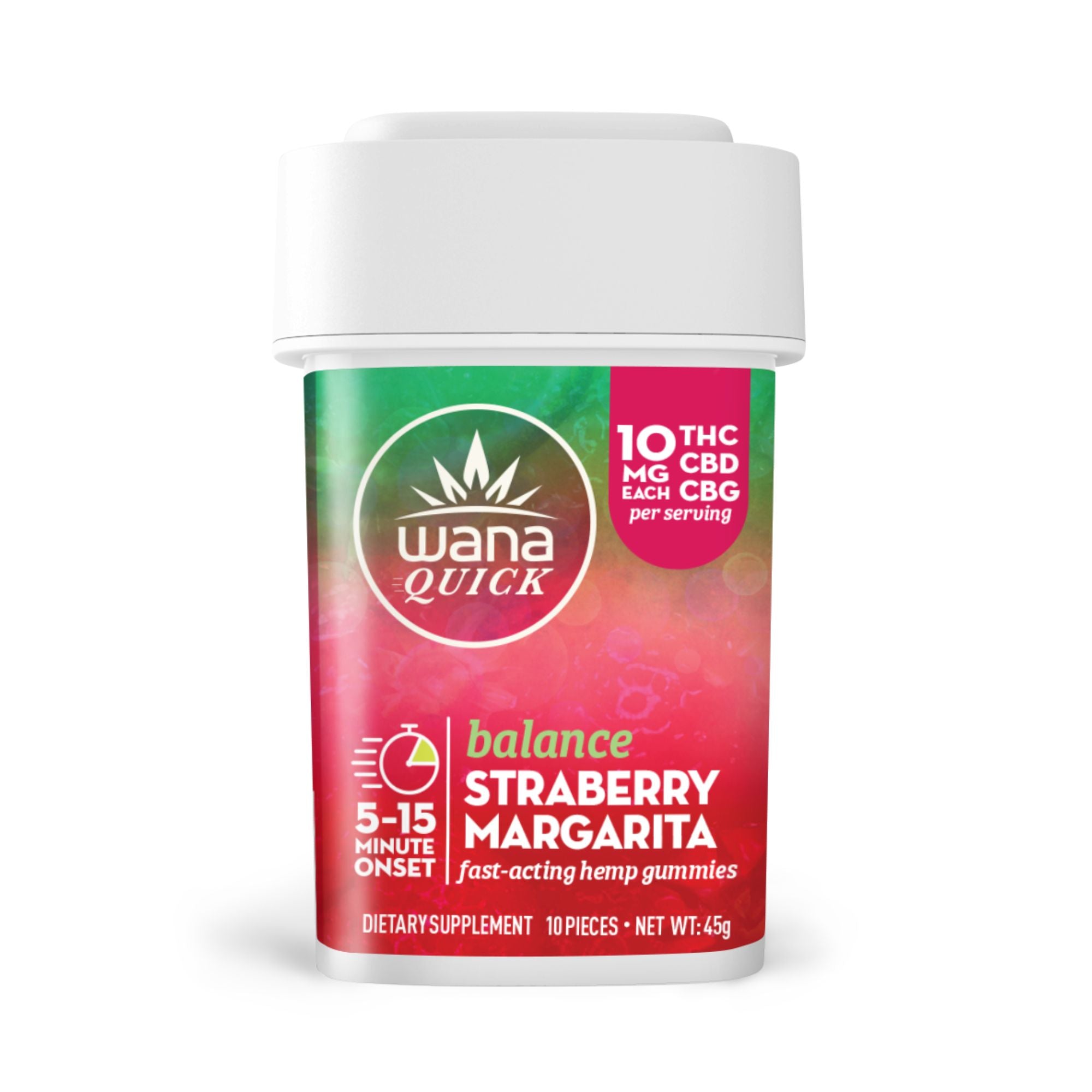 Wana Quick Balance Strawberry Margarita gummies, 10mg THC and CBD per serving, fast-acting hemp dietary supplement.