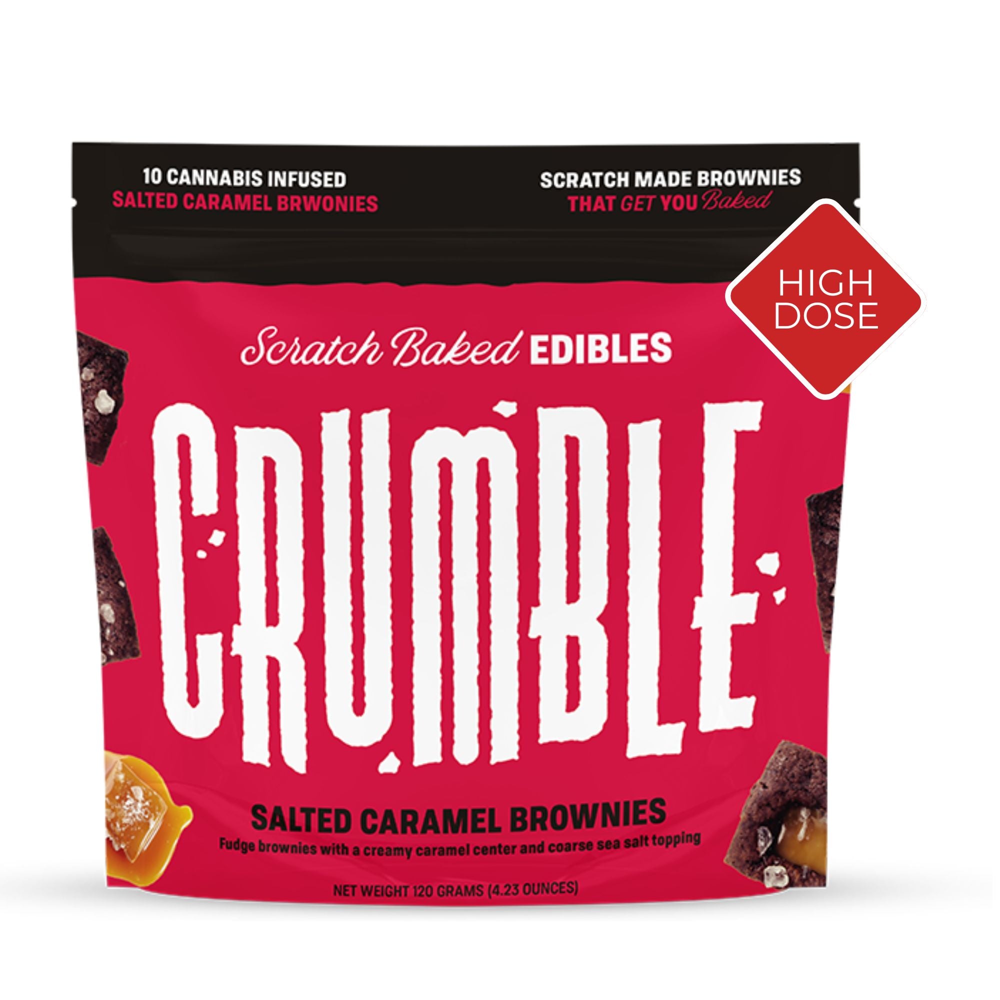 Crumble Salted Caramel Brownies package featuring high-dose cannabis-infused fudge brownies with a caramel center and sea salt.