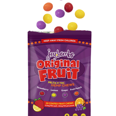 Joy Bombs Original Fruit hemp chews package featuring colorful fruit-shaped candies with 2.5mg THC each, 50mg total.
