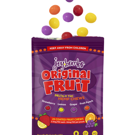 Joy Bombs Original Fruit hemp chews package featuring colorful fruit-shaped candies with 2.5mg THC each, 50mg total.