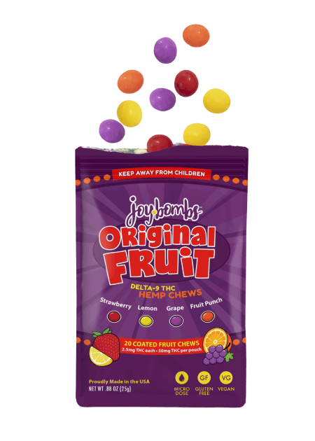 Joy Bombs Original Fruit hemp chews package featuring colorful fruit-shaped candies with 2.5mg THC each, 50mg total.