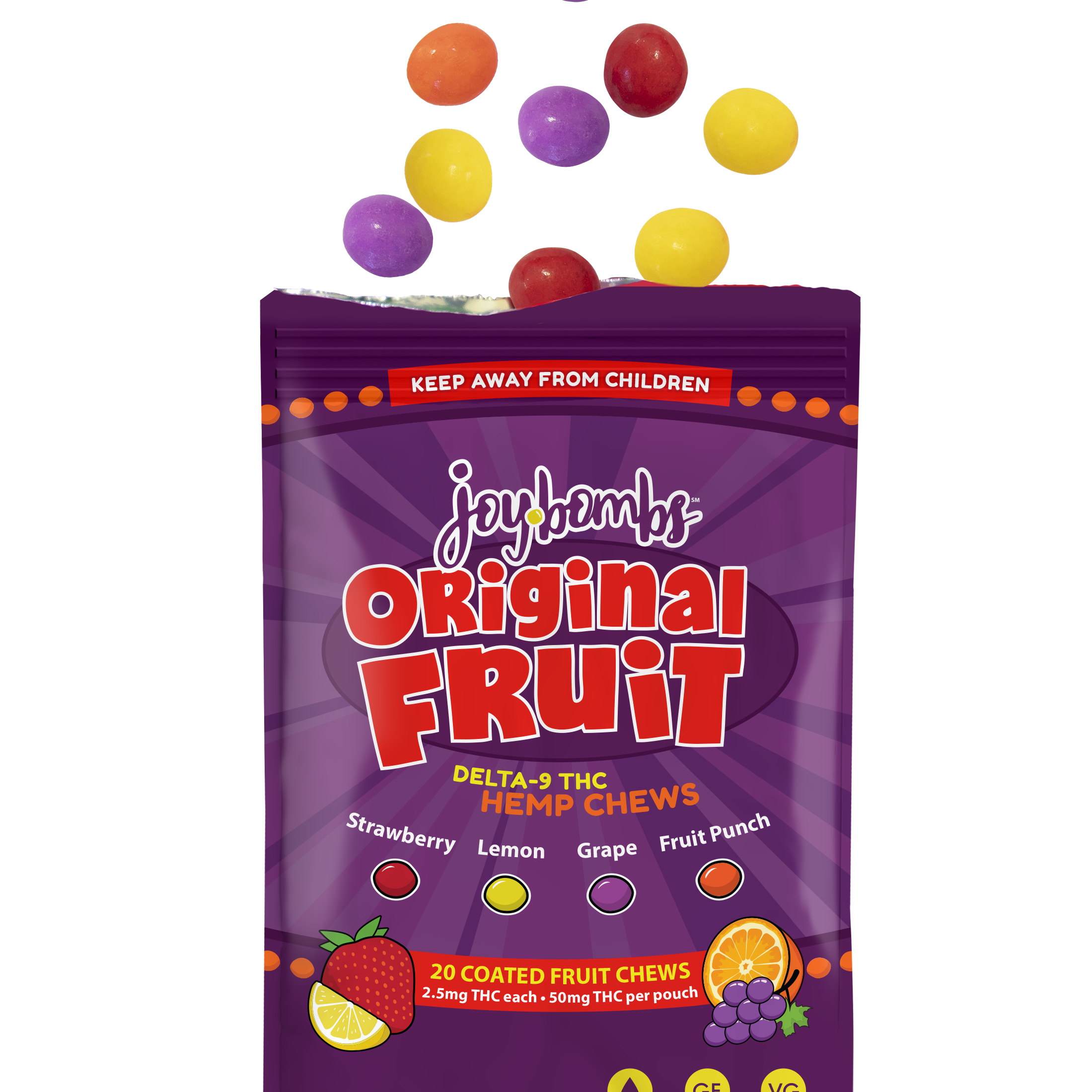 Joy Bombs Original Fruit hemp chews package featuring colorful fruit-shaped candies with 2.5mg THC each, 50mg total.
