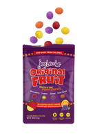 Joy Bombs Original Fruit hemp chews package featuring colorful fruit-shaped candies with 2.5mg THC each, 50mg total.