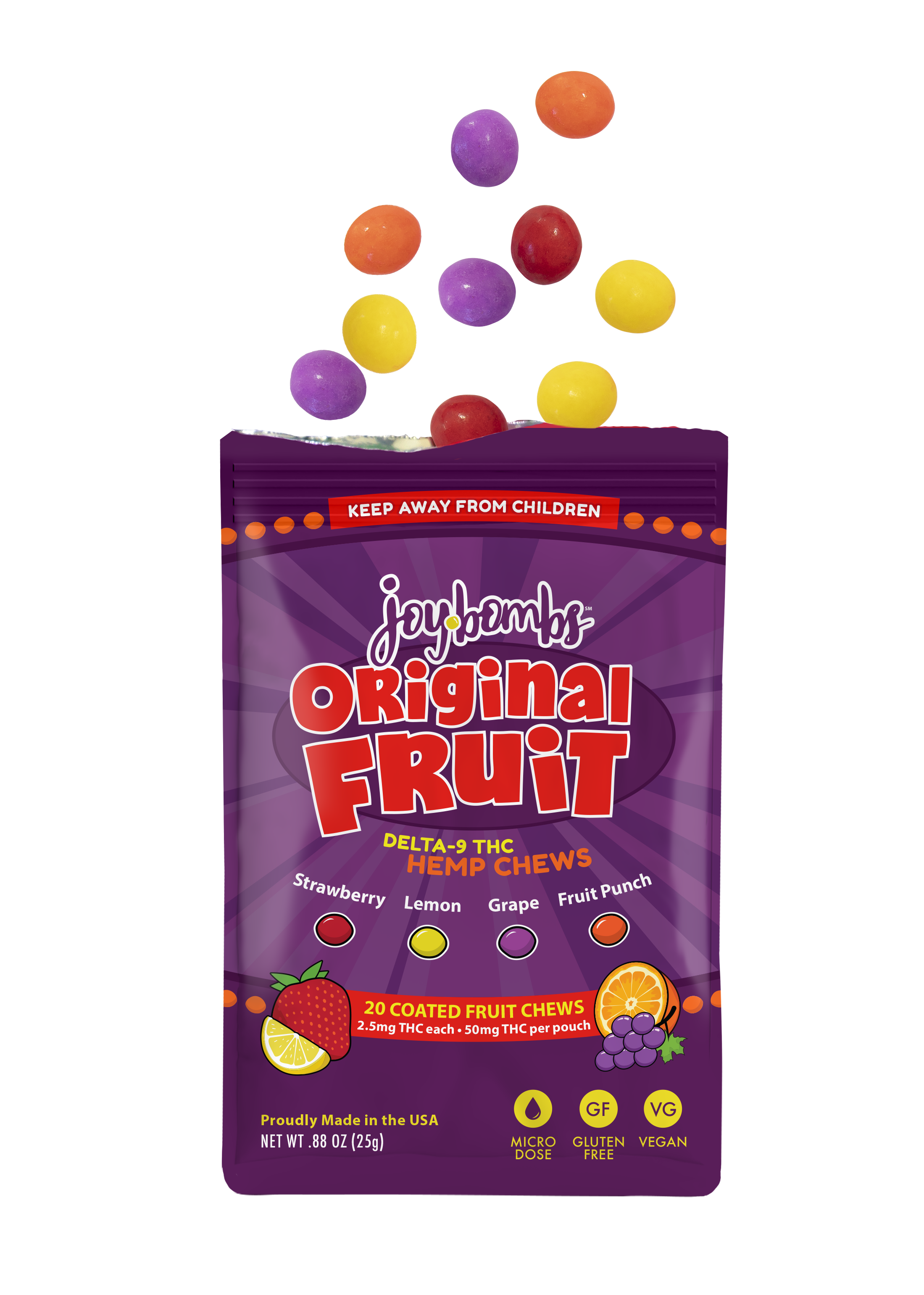 Joy Bombs Original Fruit hemp chews package featuring colorful fruit-shaped candies with 2.5mg THC each, 50mg total.