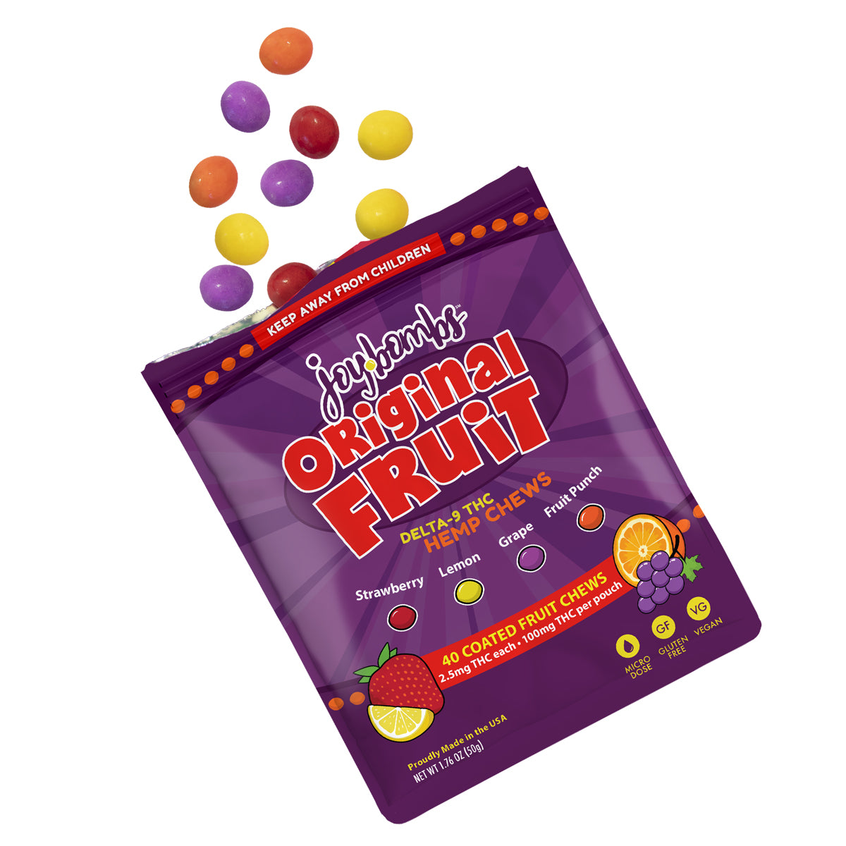 Joy Bombs Original Fruit hemp chews with 2.5mg THC each, featuring colorful fruit-shaped candies in a vibrant package.