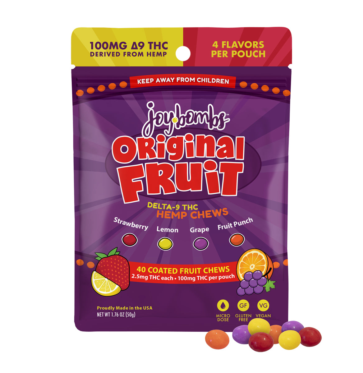 Joy Bombs Original Fruit hemp chews pouch featuring 100mg Delta-9 THC, with flavors of strawberry, lemon, grape, and fruit punch.