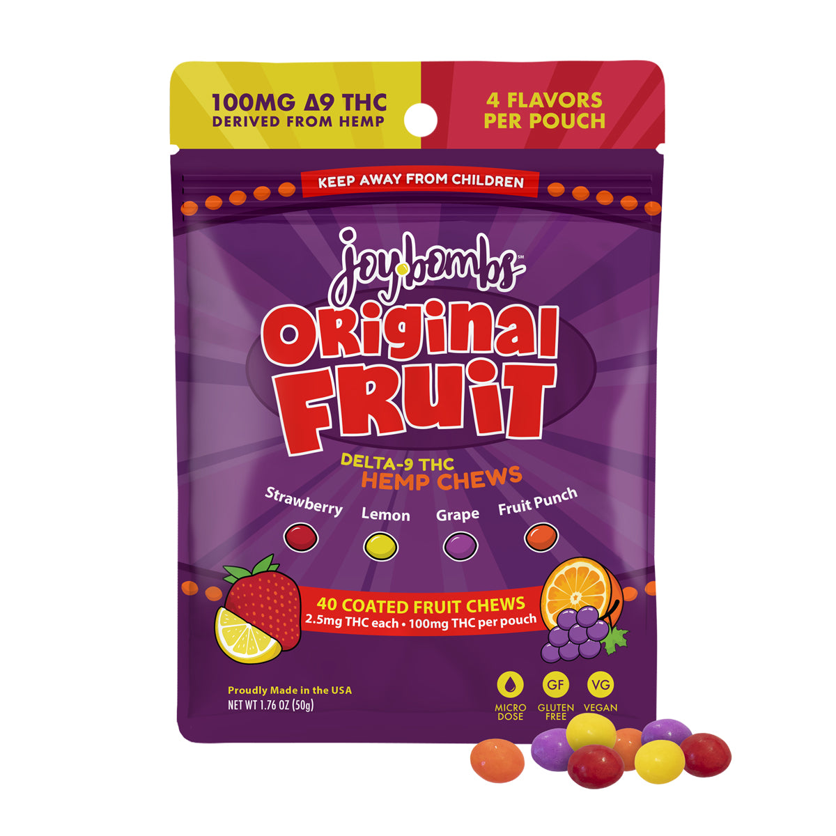 Joy Bombs Original Fruit hemp chews pouch featuring 100mg Delta-9 THC, with flavors of strawberry, lemon, grape, and fruit punch.