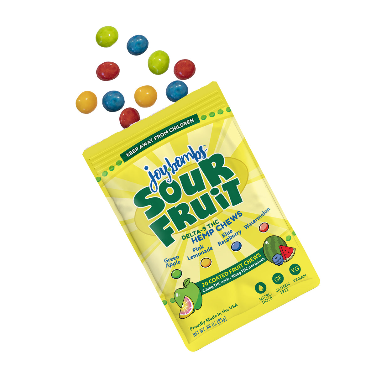 Joy Bombs Sour Fruit hemp chews package with colorful candies scattered around, featuring 2.5mg THC per chew.