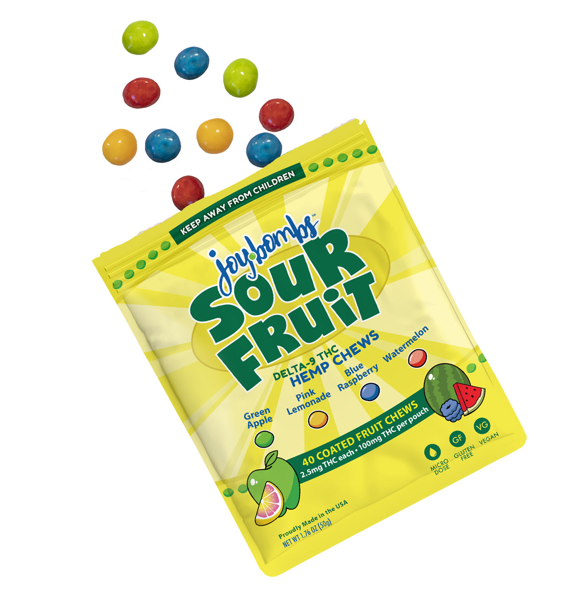 Joy Bombs Sour Fruit hemp chews package with colorful fruit-shaped candies scattered around, featuring 2.5mg THC per chew.