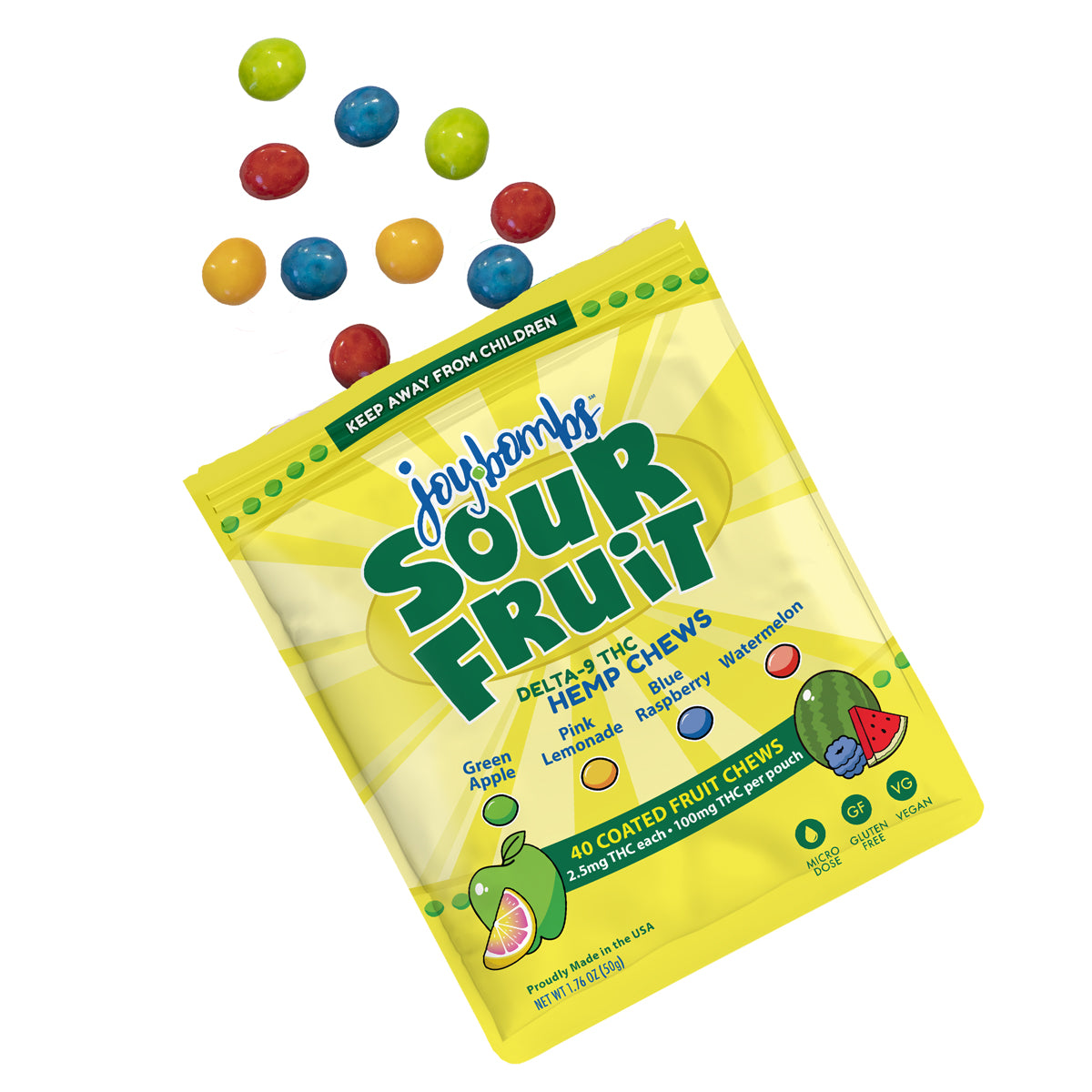 Joy Bombs Sour Fruit hemp chews package with colorful fruit-shaped candies scattered around, featuring 2.5mg THC per chew.