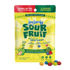 Joy Bombs Sour Fruit hemp chews pouch featuring four flavors: green apple, pink lemonade, blue raspberry, and watermelon.