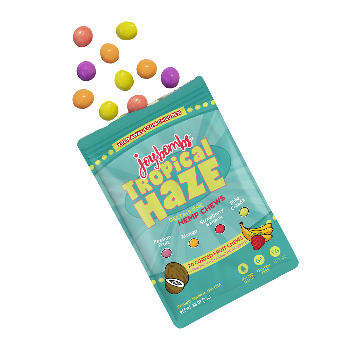 Joy Bombs Tropical Haze hemp chews package with colorful fruit chews spilling out, featuring tropical flavors like passion fruit and mango.