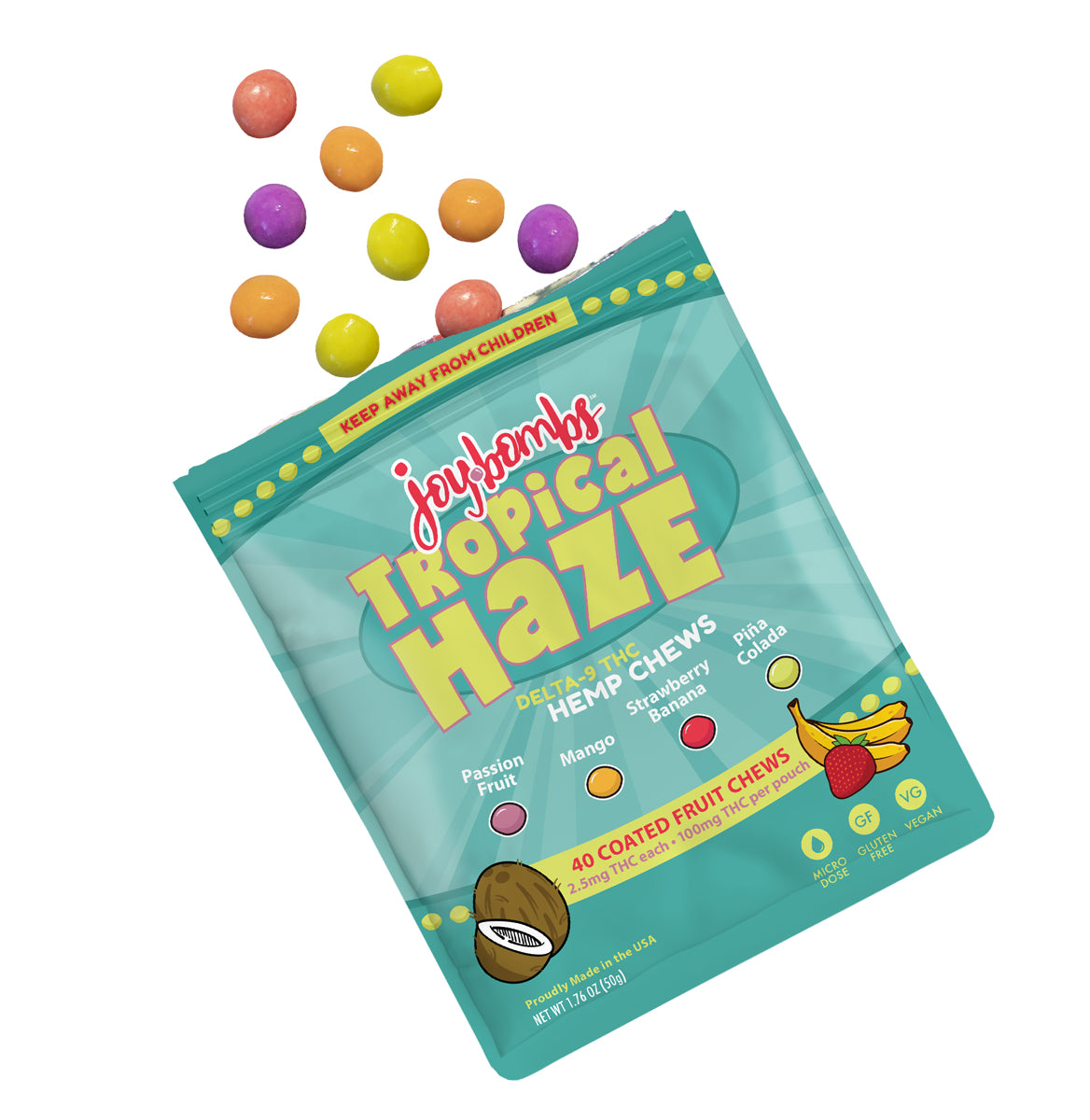 Joy Bombs Tropical Haze THC hemp chews package featuring colorful fruit-flavored candies in a vibrant design.