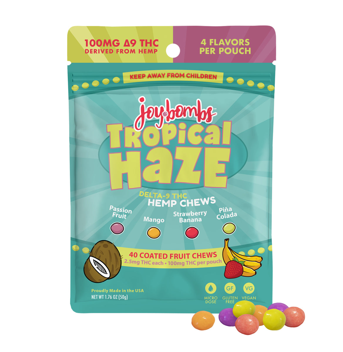 Joy Bombs Tropical Haze hemp chews pouch featuring 100mg THC, with flavors like passion fruit and piΓ±a colada.
