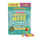 Joy Bombs Tropical Haze hemp chews pouch featuring 100mg THC, with flavors like passion fruit and piña colada.