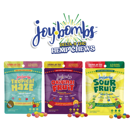 Joy Bombs 100mg Bomb Bundle featuring Tropical Haze, Original Fruit, and Sour Fruit hemp chews in a variety pack.