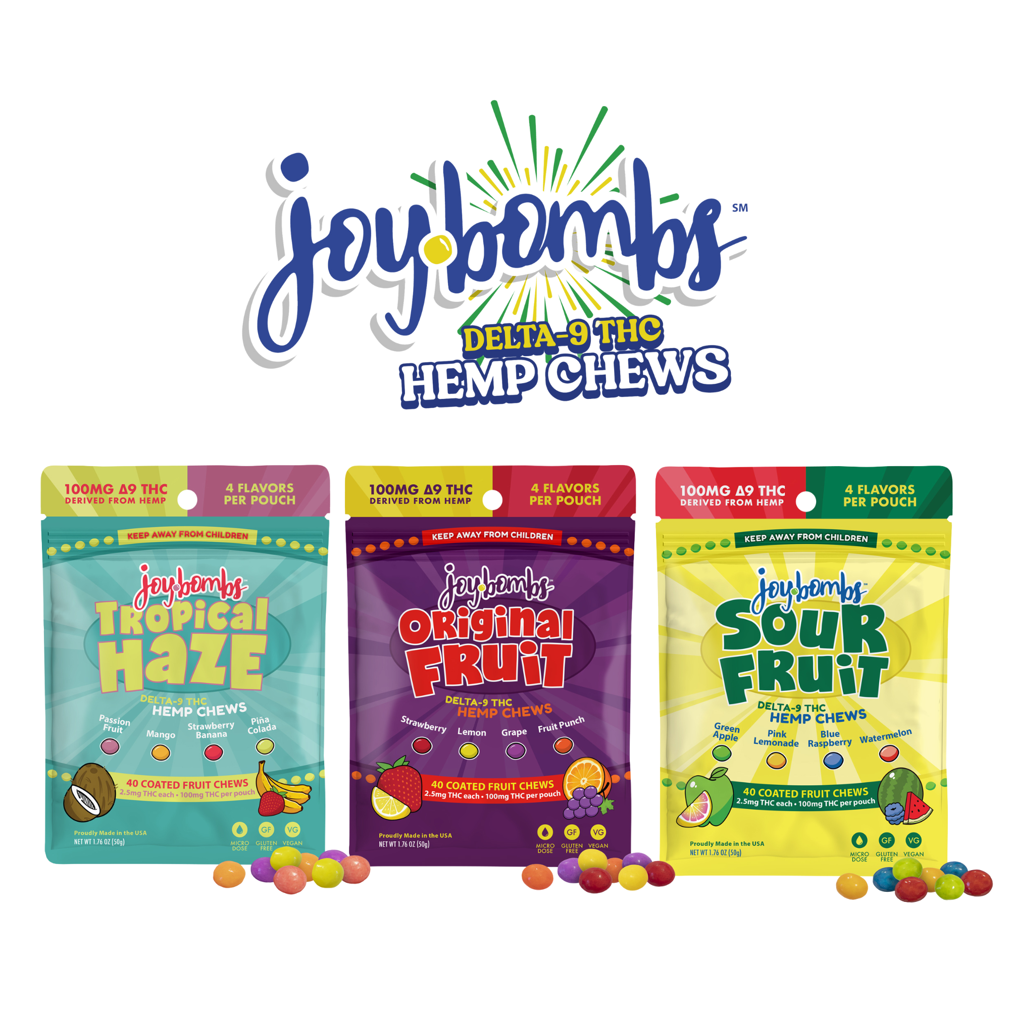 Joy Bombs 100mg Bomb Bundle featuring Tropical Haze, Original Fruit, and Sour Fruit hemp chews in a variety pack.