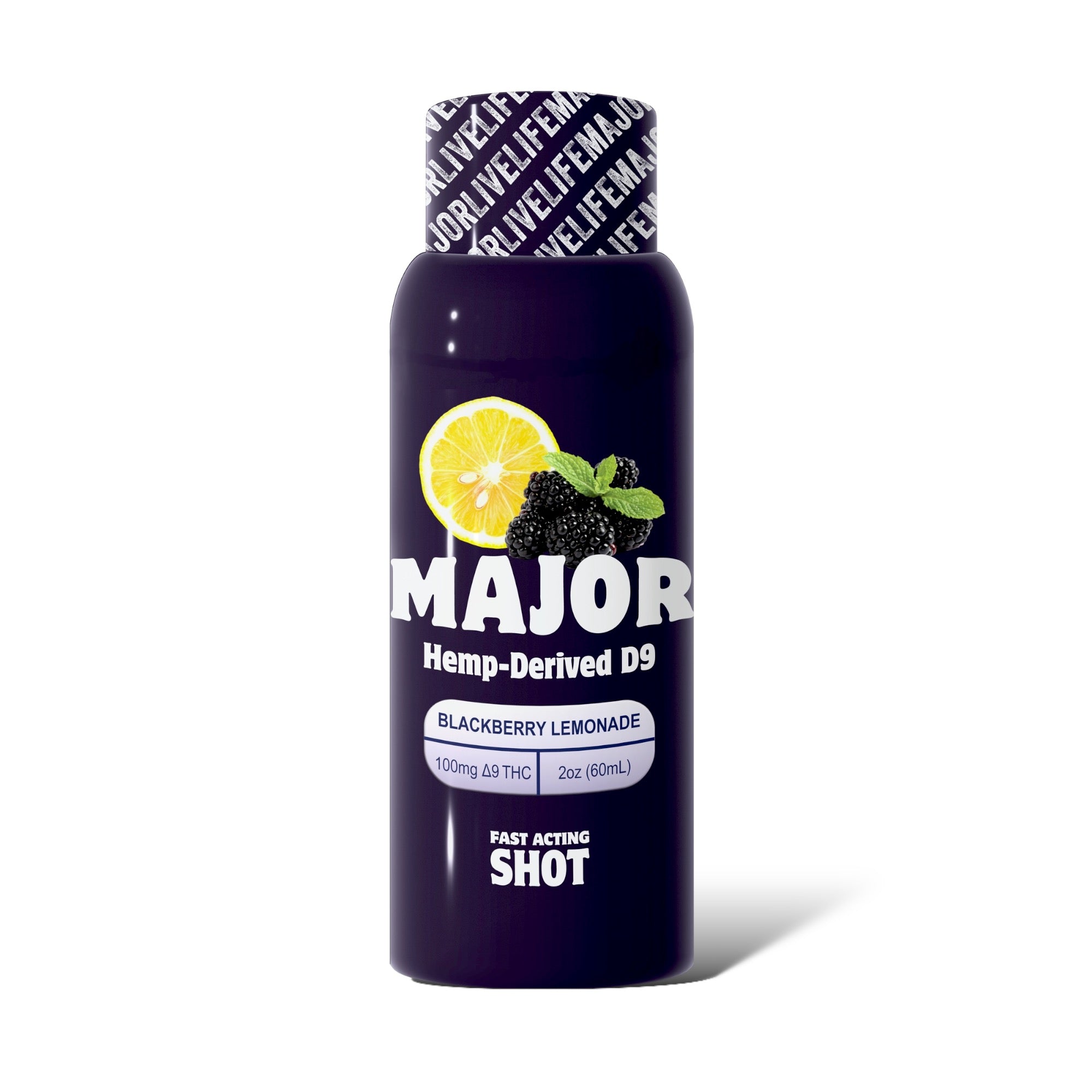 Fast-acting hemp-derived shot in blackberry lemonade flavor, containing 100mg of THC per 2oz bottle.