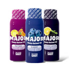 Major Sip and Save Bundle featuring three hemp-derived D9 shots: Fruit Punch, Blueberry, and Blackberry Lemonade.