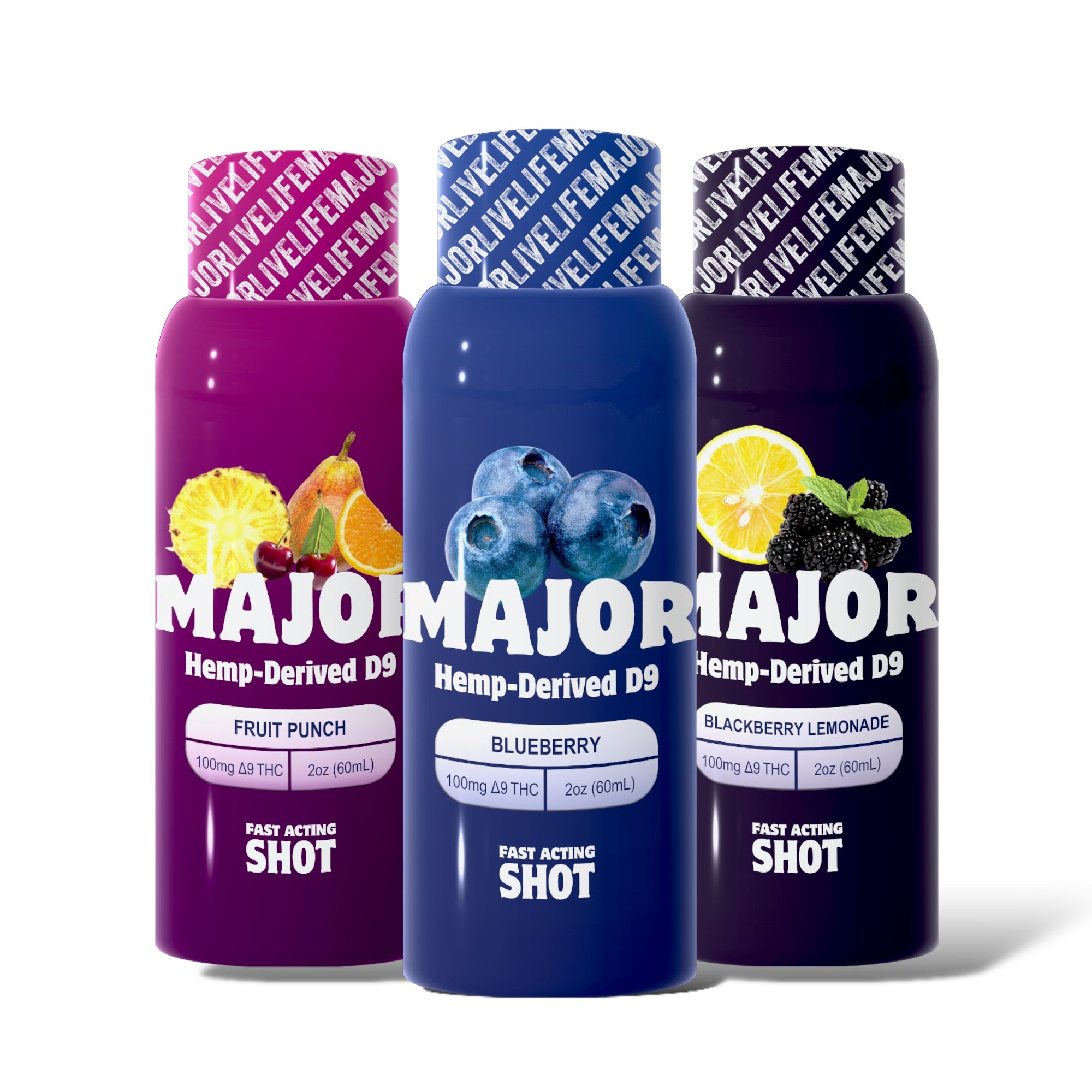 Major Sip and Save Bundle featuring three hemp-derived D9 shots: Fruit Punch, Blueberry, and Blackberry Lemonade.