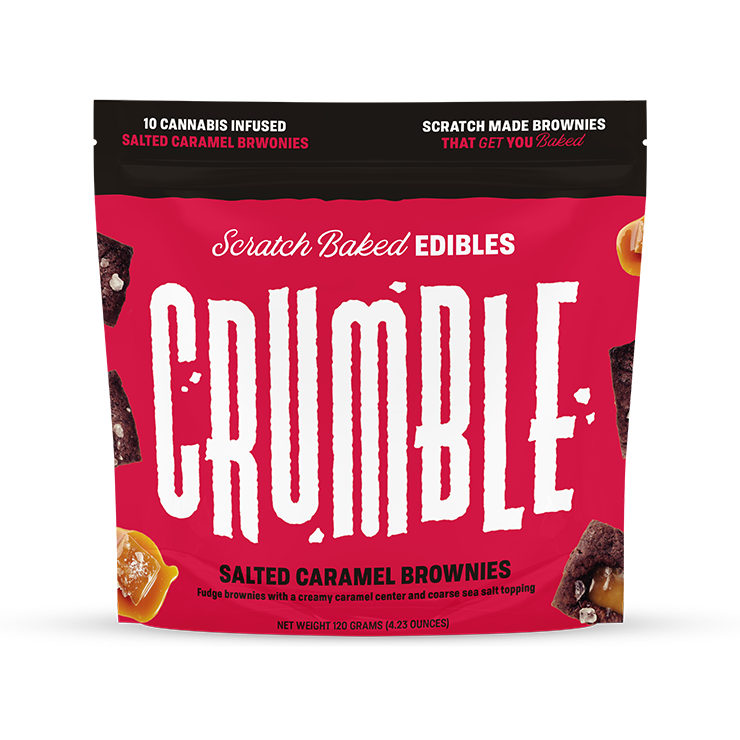 Crumble Salted Caramel Brownies package featuring 10 infused brownies with a rich caramel topping and bold branding.