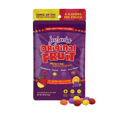 Joy Bombs Original Fruit hemp chews featuring 50mg THC with four flavors: strawberry, lemon, grape, and fruit punch.