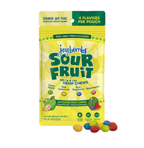 Joy Bombs Sour Fruit hemp chews pouch featuring 20 coated chews in four flavors: green apple, pink lemonade, blue raspberry, and watermelon.