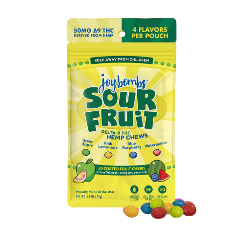 Joy Bombs Sour Fruit hemp chews pouch featuring 20 coated chews in four flavors: green apple, pink lemonade, blue raspberry, and watermelon.