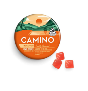 Camino Freshly Squeezed Recover gummies featuring 5mg THC and 10mg CBG in a vibrant, nature-themed package.