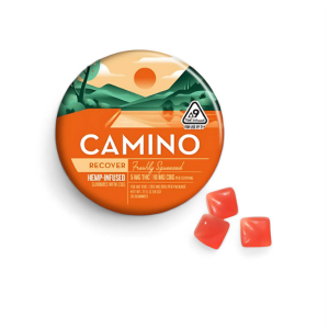 Camino Freshly Squeezed Recover gummies featuring 5mg THC and 10mg CBG in a vibrant, nature-themed package.