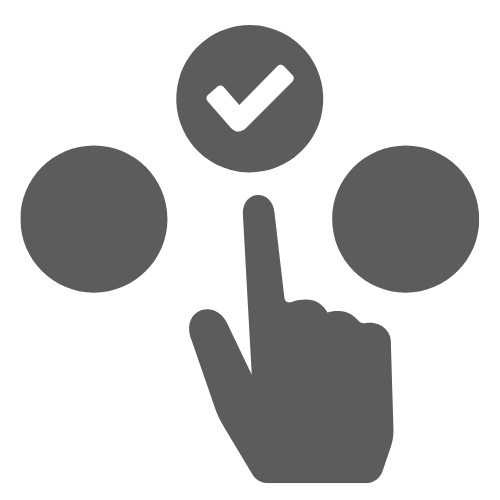 Image of a hand tapping a checkmark button, surrounded by two empty circles, representing selection or approval.