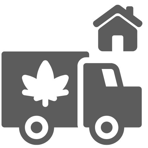 Icon of a delivery truck with a hemp leaf, a house, and a box, representing fast, discreet shipping of lab-verified hemp p...