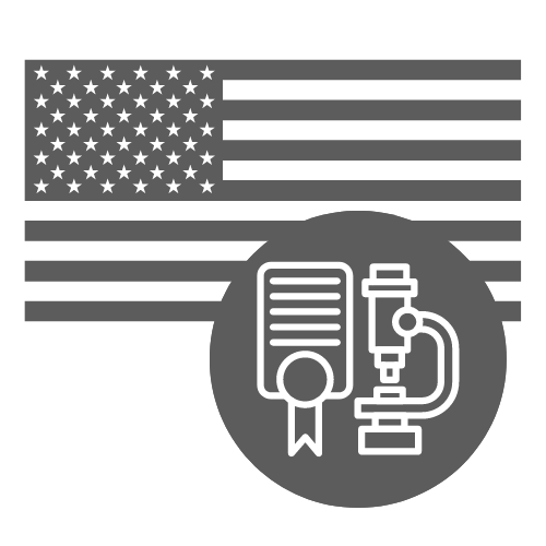 Gray US flag with lab-tested hemp product badge featuring a microscope and ribbon icon, symbolizing quality and compliance.