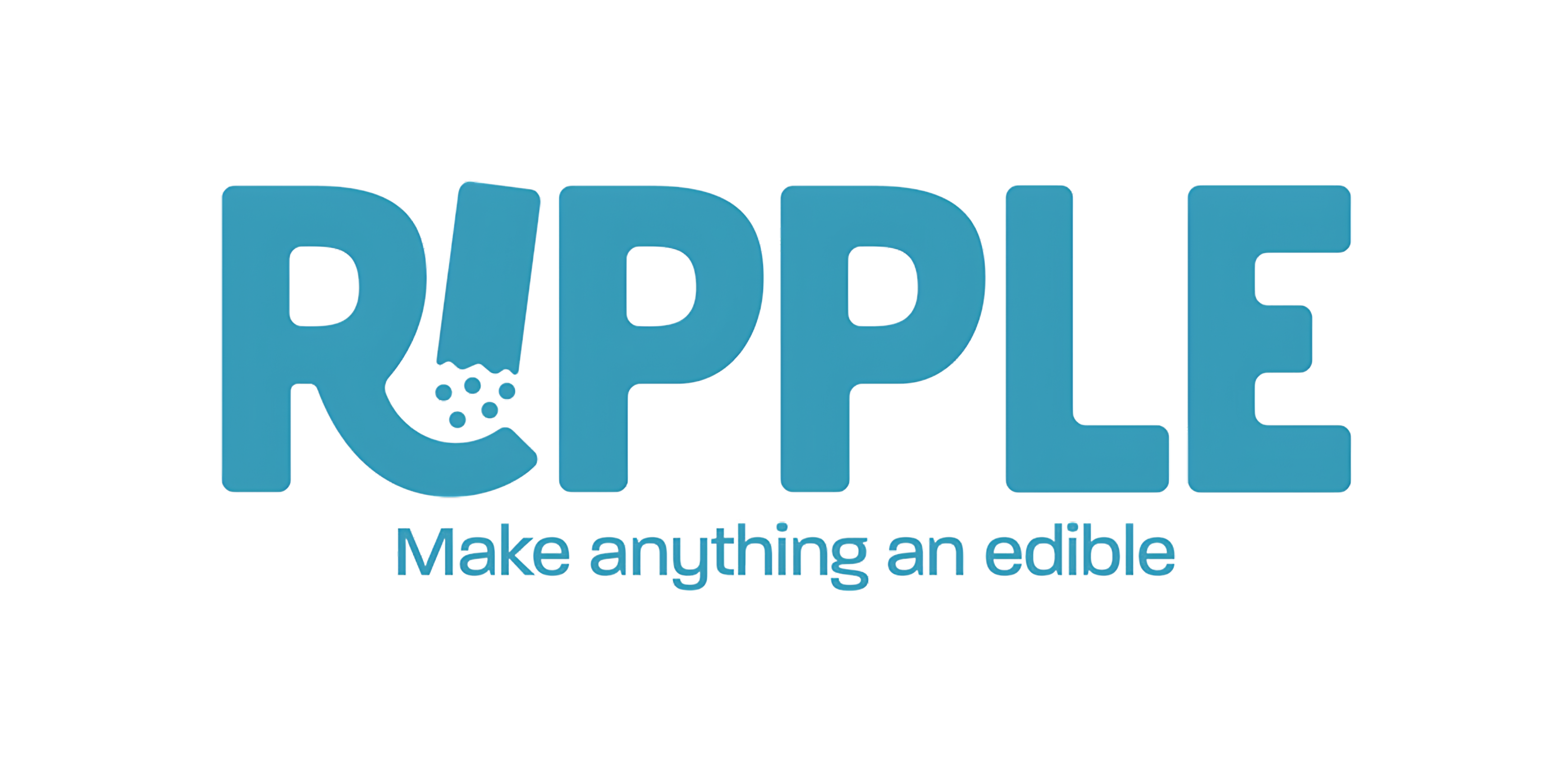 Logo for Ripple with the tagline "Make anything an edible," featuring blue text and a stylized pill icon integrated into t...