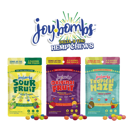 Joy Bombs 50mg Bomb Bundle featuring three flavors: Sour Fruit, Original Fruit, and Tropical Haze hemp chews in colorful packaging.