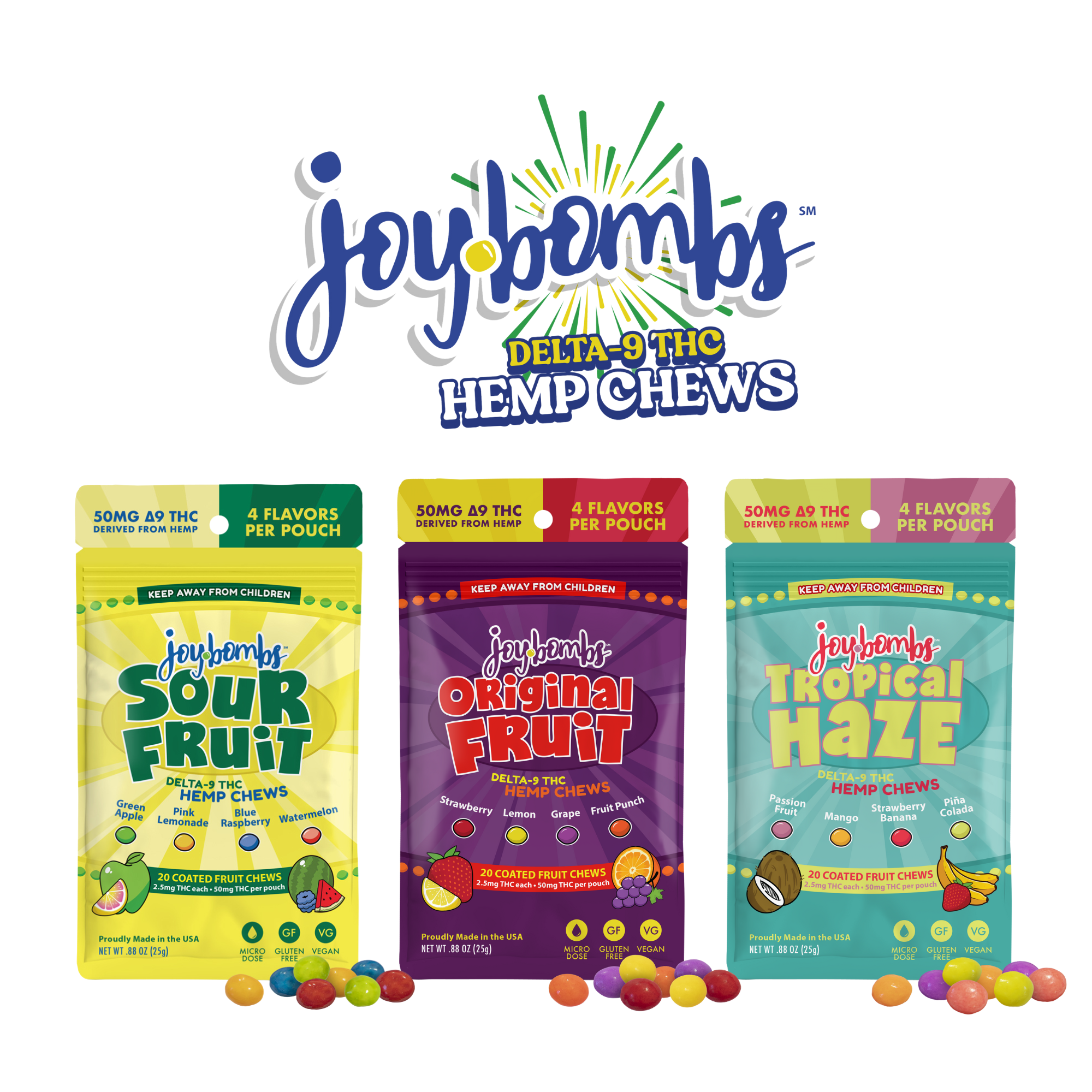 Joy Bombs 50mg Bomb Bundle featuring three flavors: Sour Fruit, Original Fruit, and Tropical Haze hemp chews in colorful packaging.